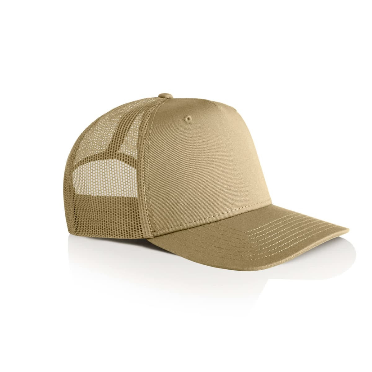 A beige trucker cap featuring a mesh back and a structured front panel, with a logo on the front.