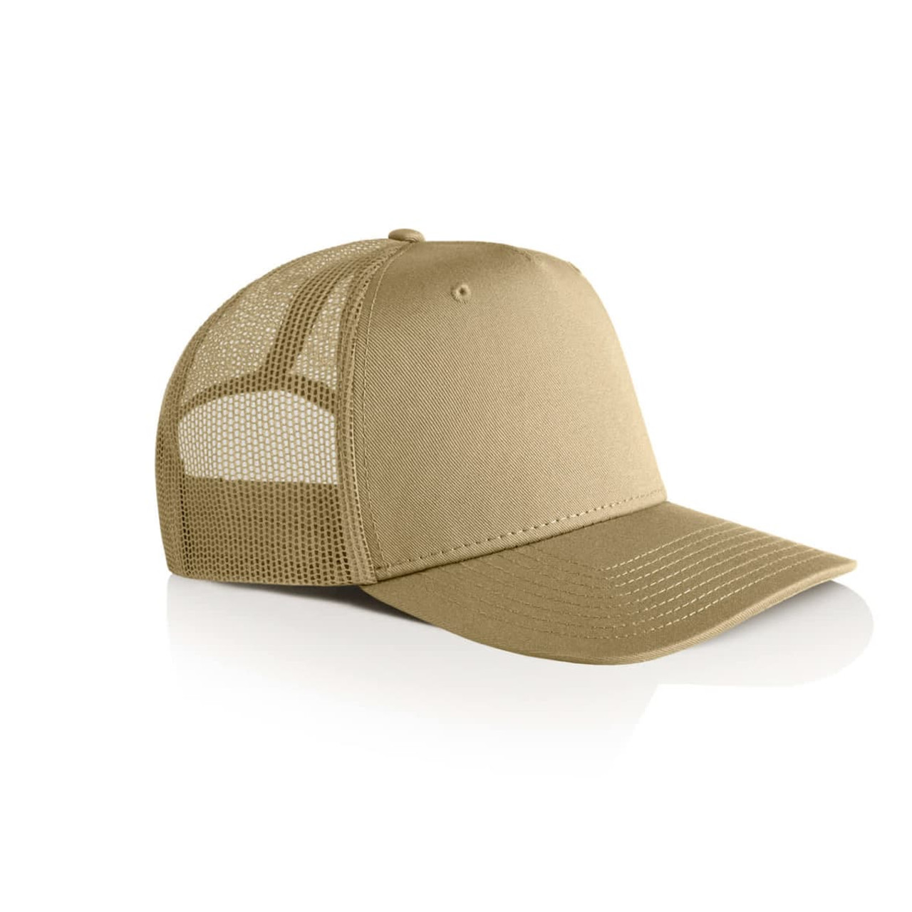 A beige trucker cap featuring a mesh back and a structured front panel, with a logo on the front.