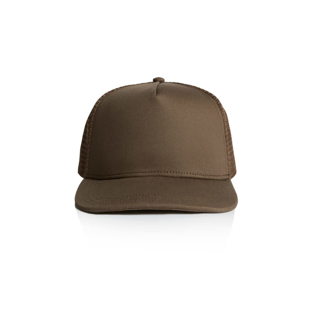 A brown trucker cap featuring a solid front panel and mesh sides, complete with a branding logo.