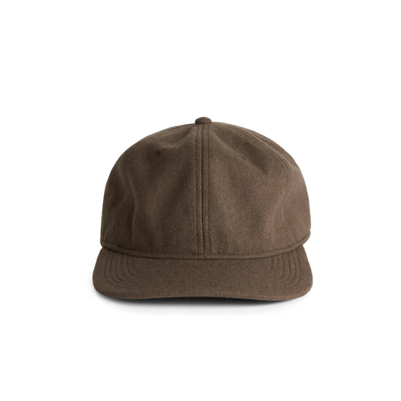 A brown cap with a flat brim and a structured crown, featuring a logo on the front.