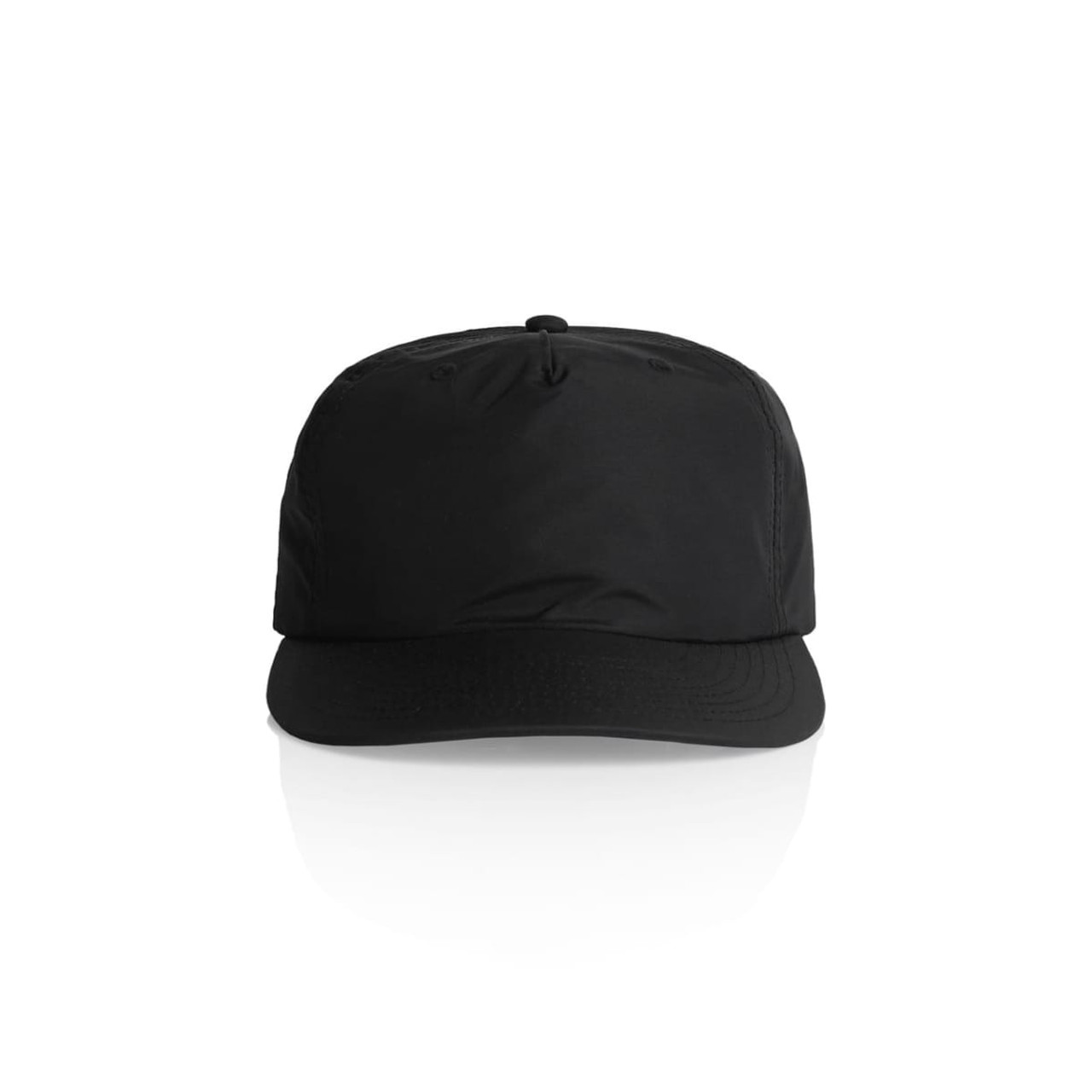 A black cap with a structured front and a curved brim, featuring a logo on the front.