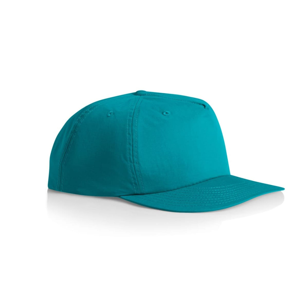 A teal cap with a curved brim and a logo on the front, featuring a structured design.
