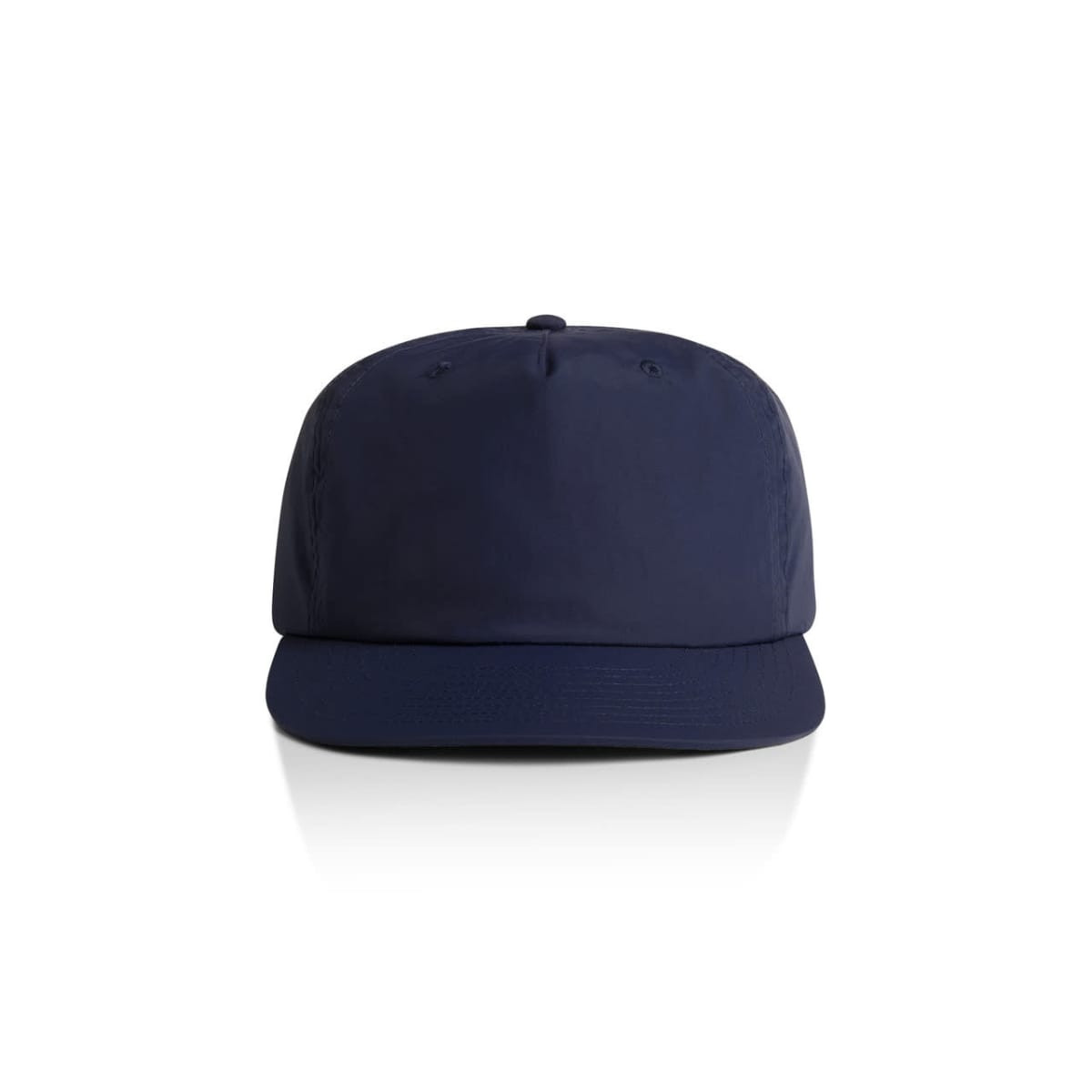 A navy blue cap with a structured design and a curved brim, featuring a logo on the front.