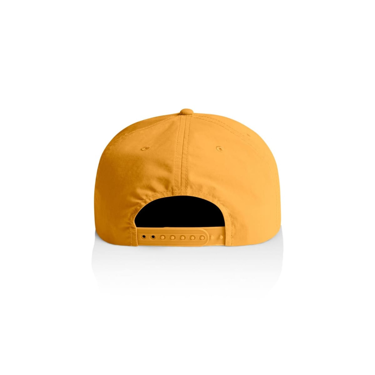A yellow cap with a snapback closure and a logo on the back.