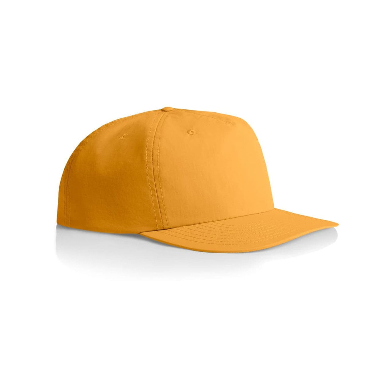 A yellow cap with a curved brim and a structured crown, featuring a logo on the front.