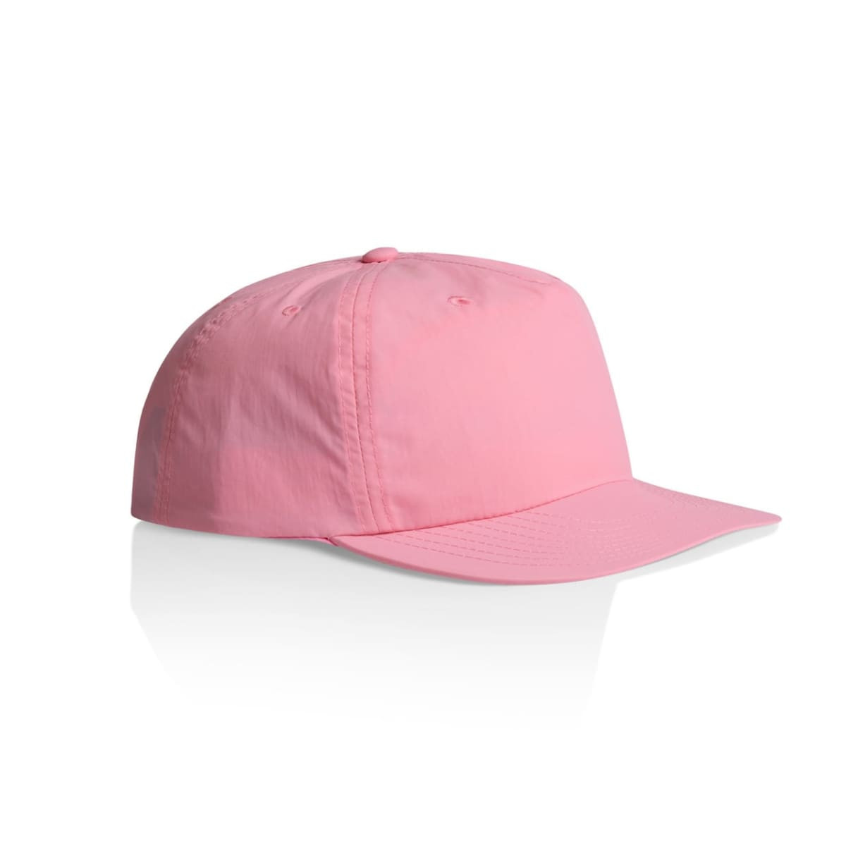 A pink cap featuring a structured design and a logo on the front, ideal for headwear.