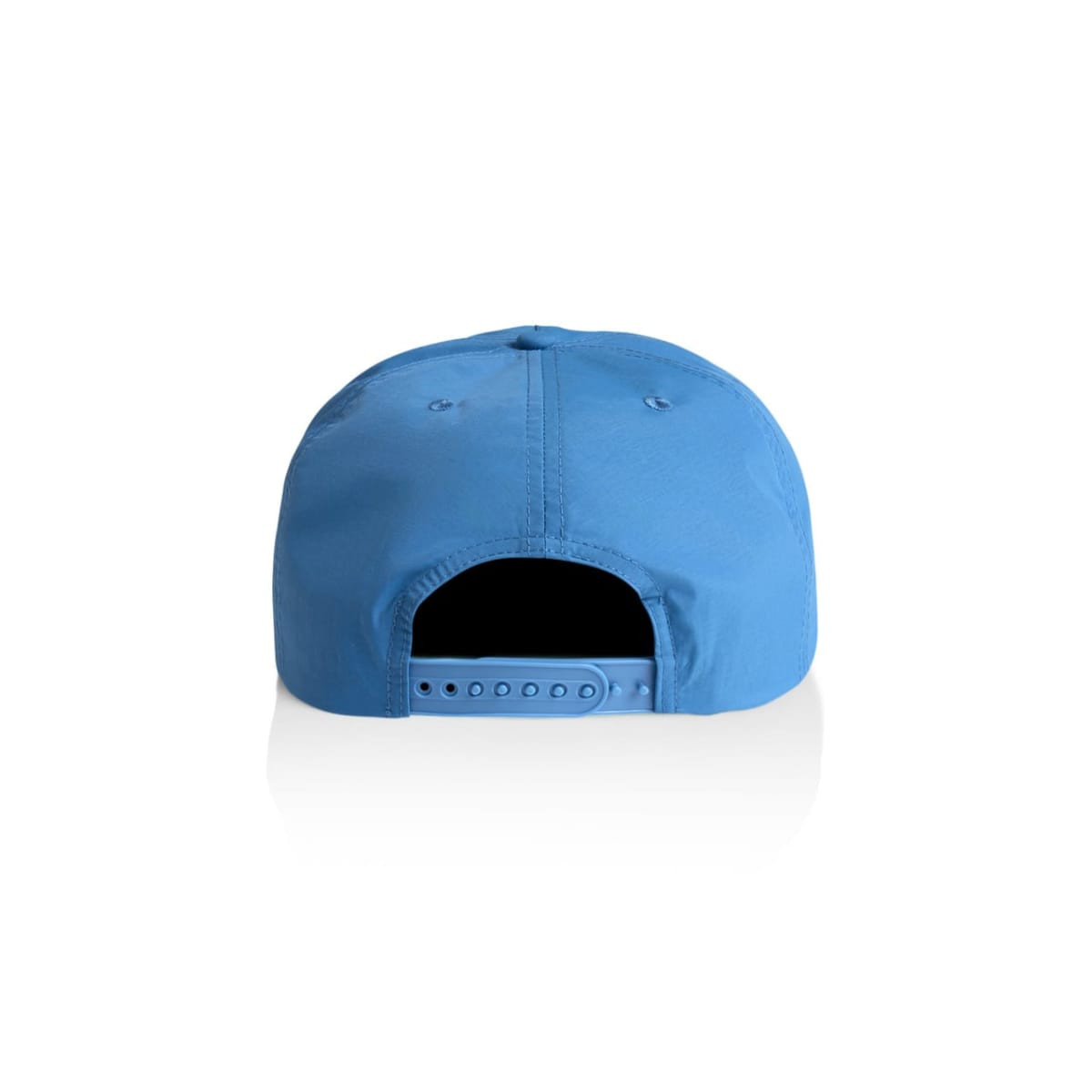 A blue cap with a snapback closure and a logo on the back.