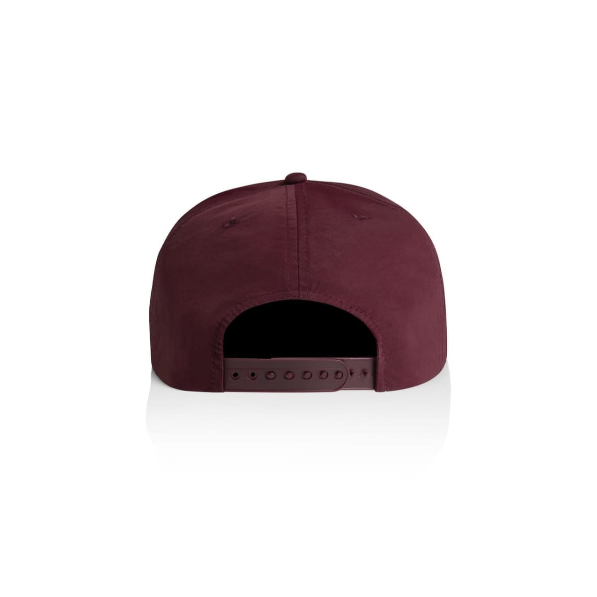 A maroon cap featuring a solid fabric design and an adjustable strap at the back. Includes branding on the side.