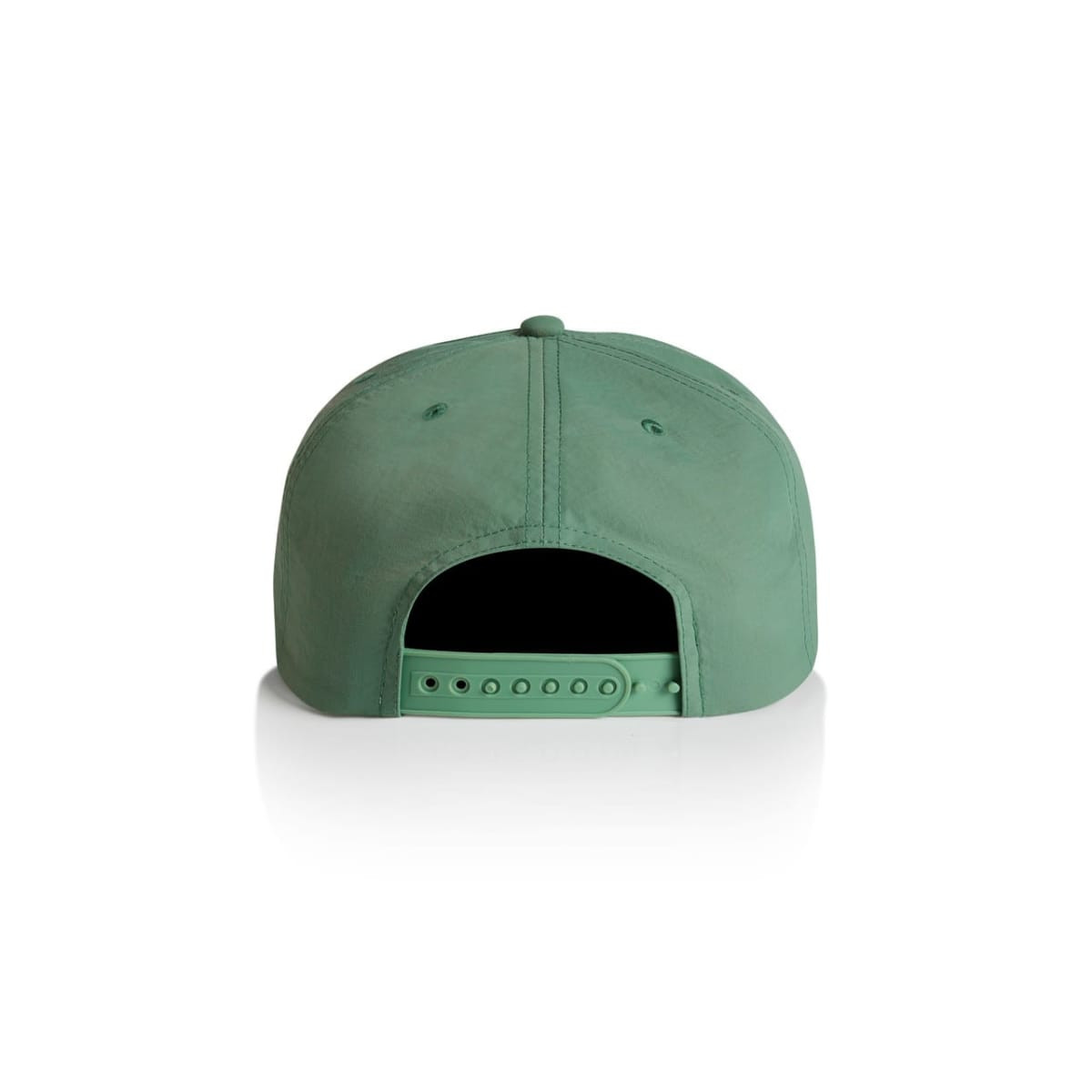 A green cap with a structured design and adjustable strap at the back. It features a logo.