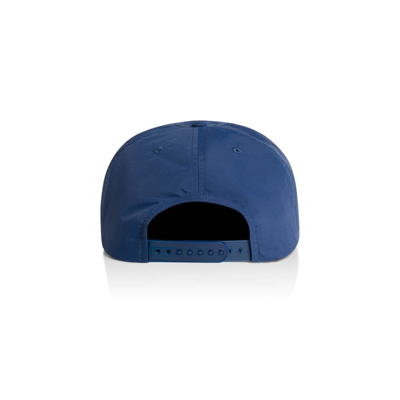 A blue cap featuring a strapback closure and a smooth fabric texture, with a logo on the back.