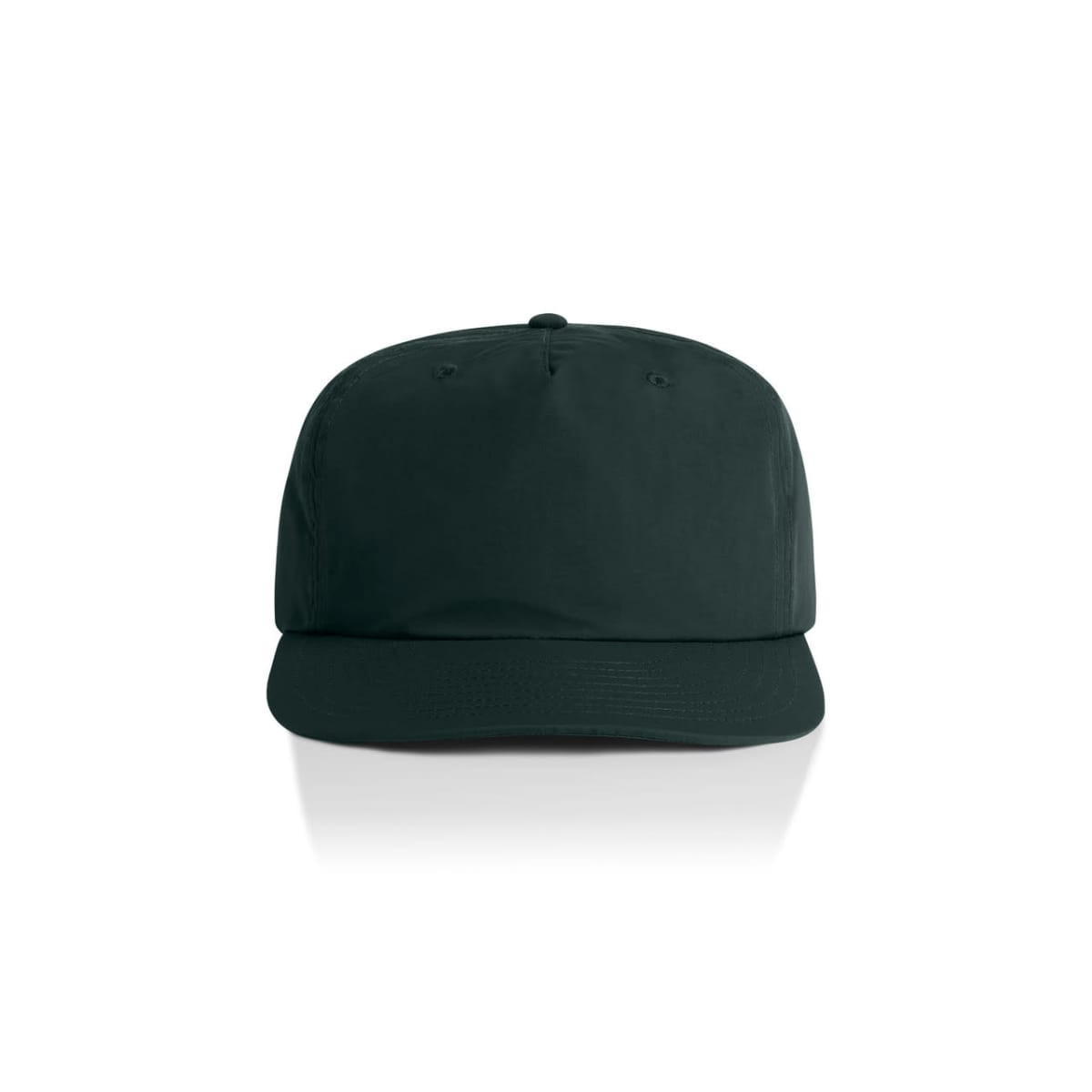 A dark green cap with a flat brim and no visible logos or branding. Features six panels and ventilation holes.