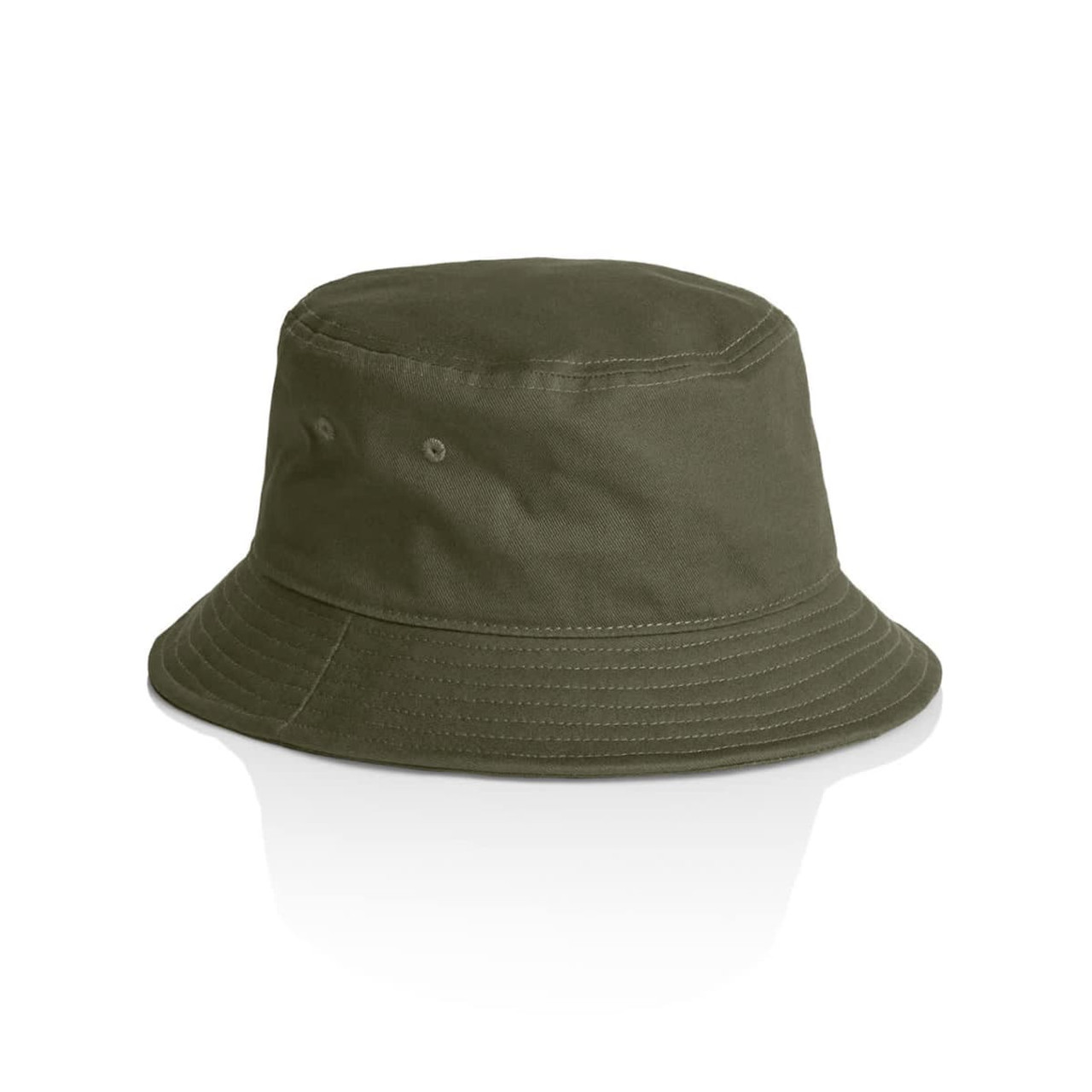 A green bucket hat with a wide brim and ventilation holes, featuring a simple design and a logo.