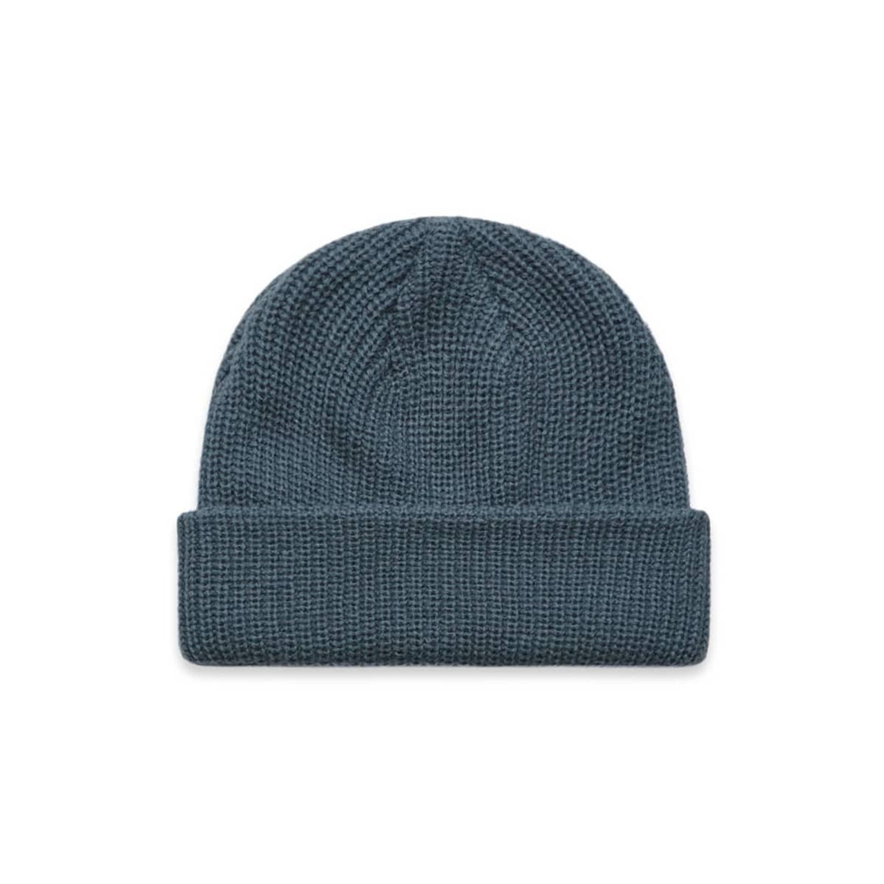 A blue beanie with a textured knit design and a folded cuff. It features a logo on the side.