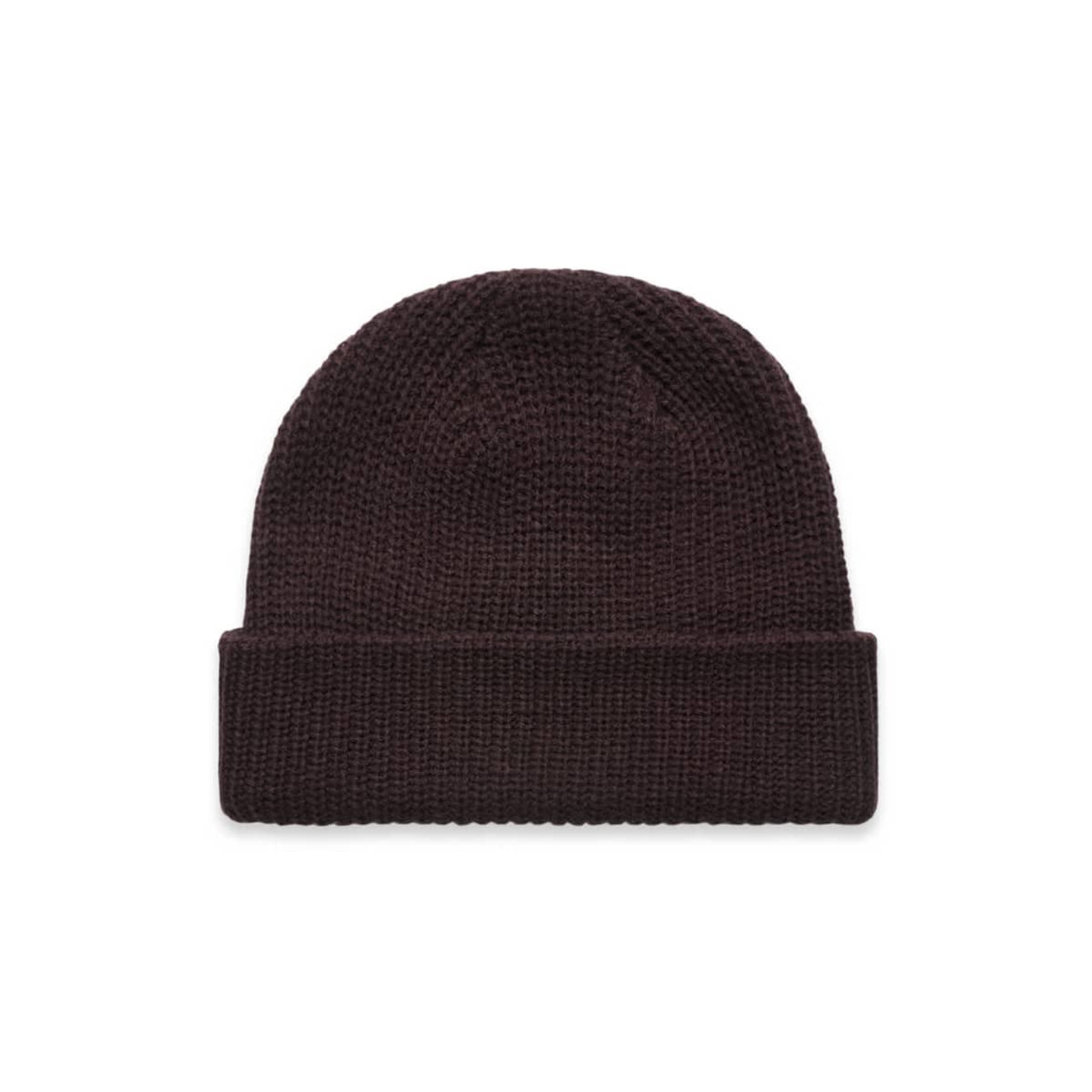 A brown knitted beanie with a turned-up cuff and a logo on the side.
