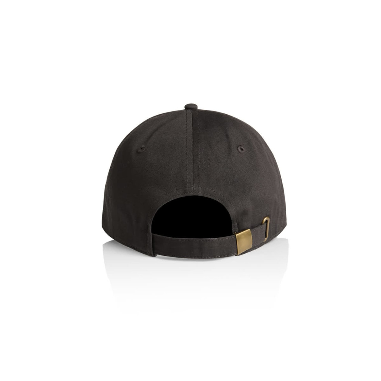 A black cap with a curved brim and an adjustable strap at the back, featuring a logo.