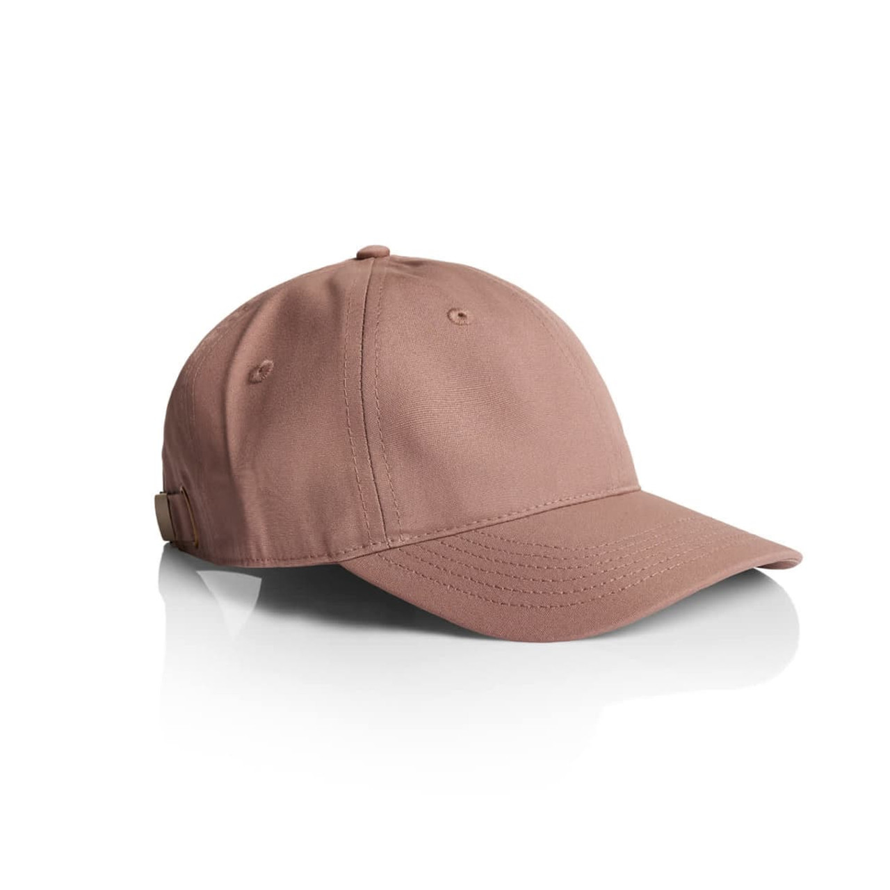 A beige cap with a curved brim and an adjustable strap, featuring a logo.