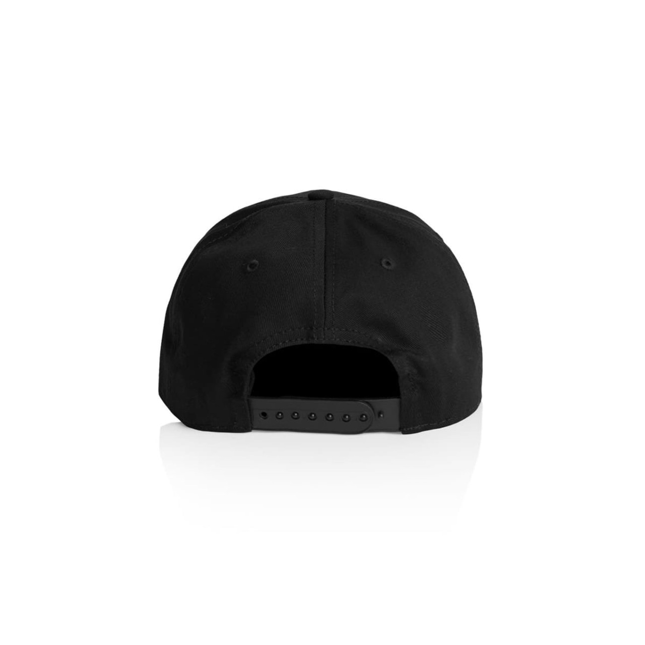 A black cap featuring a solid design with an adjustable back, including a logo or branding element.