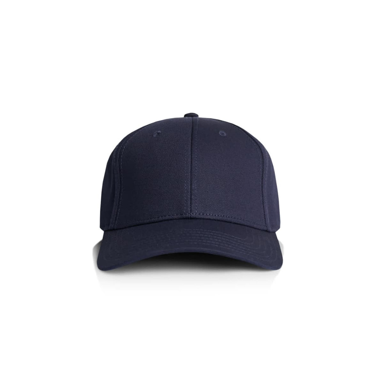 A navy blue cap with a structured design and a front panel featuring a logo.