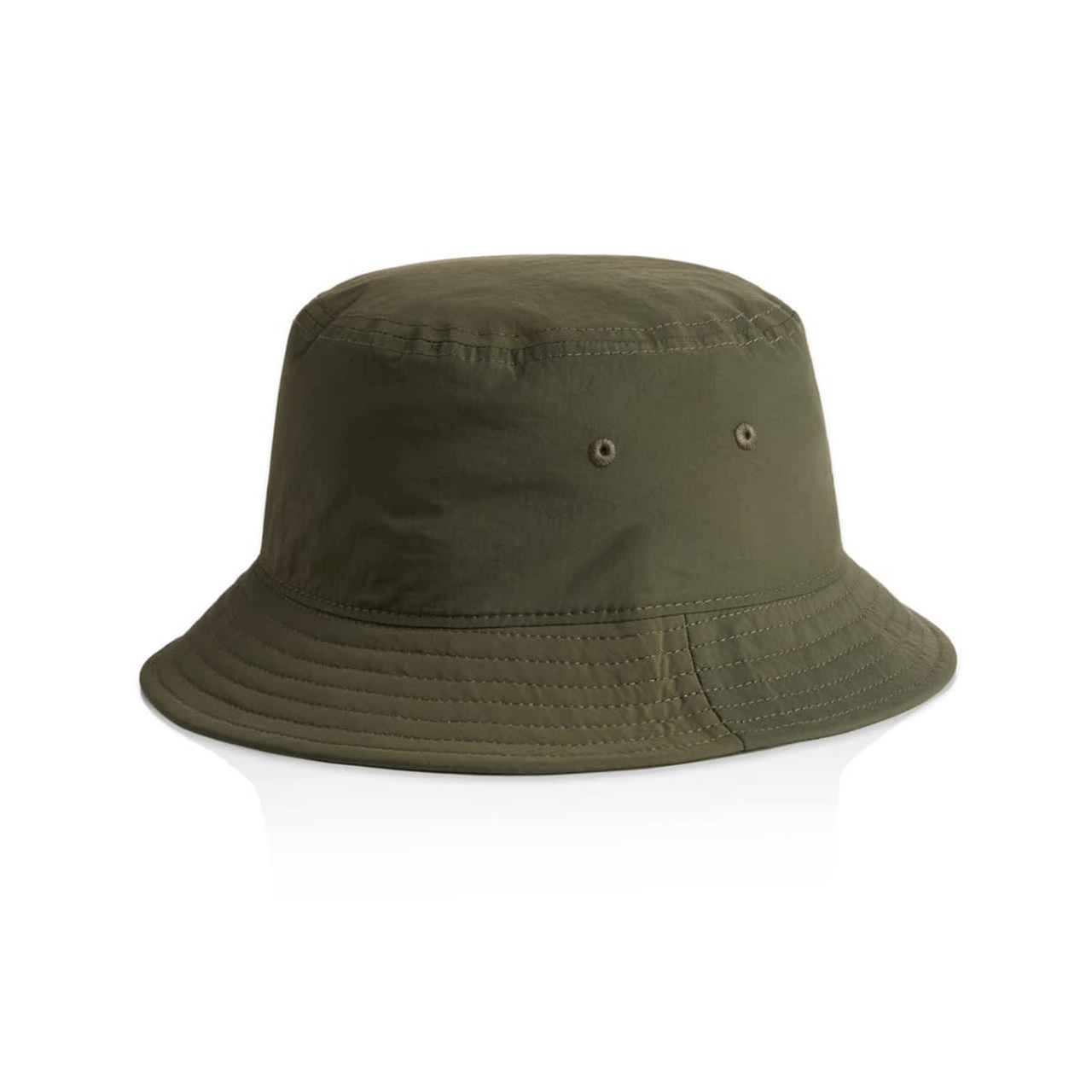 An olive green nylon bucket hat with ventilation holes and a wide brim. It features a logo.