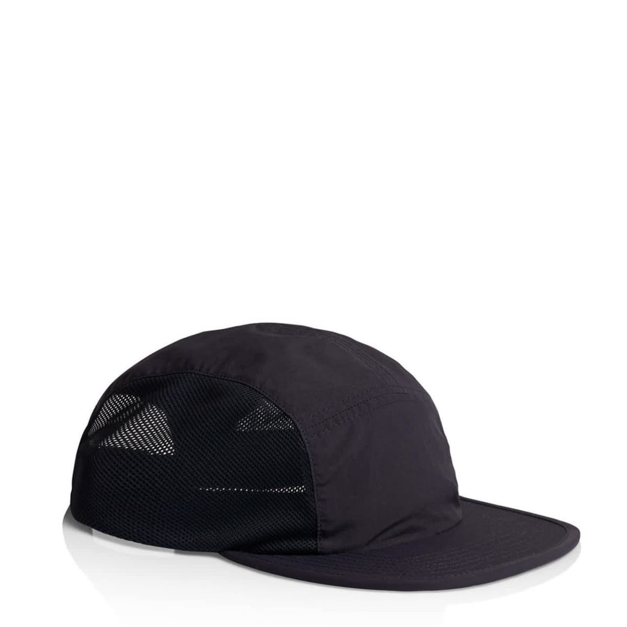 A black cap with a mesh back and a visor, featuring a logo on the front.