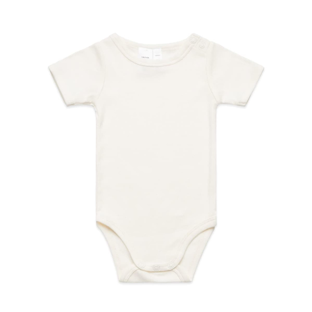 A cream-coloured infant one-piece with short sleeves and snap closures at the shoulder and bottom. It has a logo.