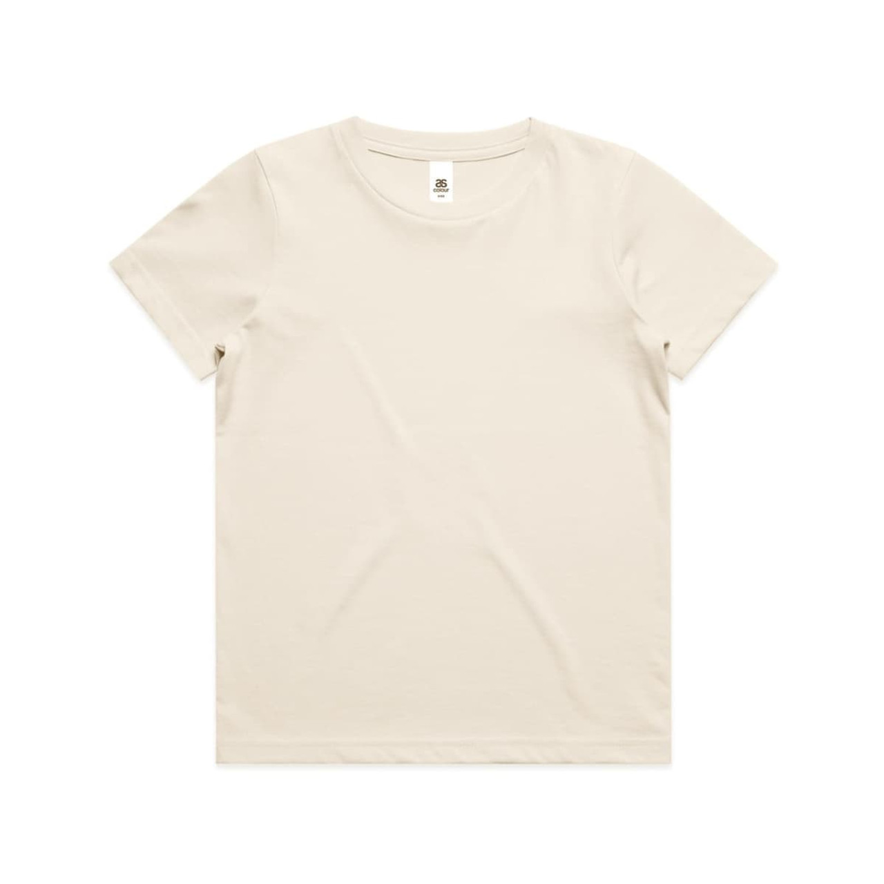 A plain beige kids' t-shirt with a round neck and short sleeves, featuring a brand logo.