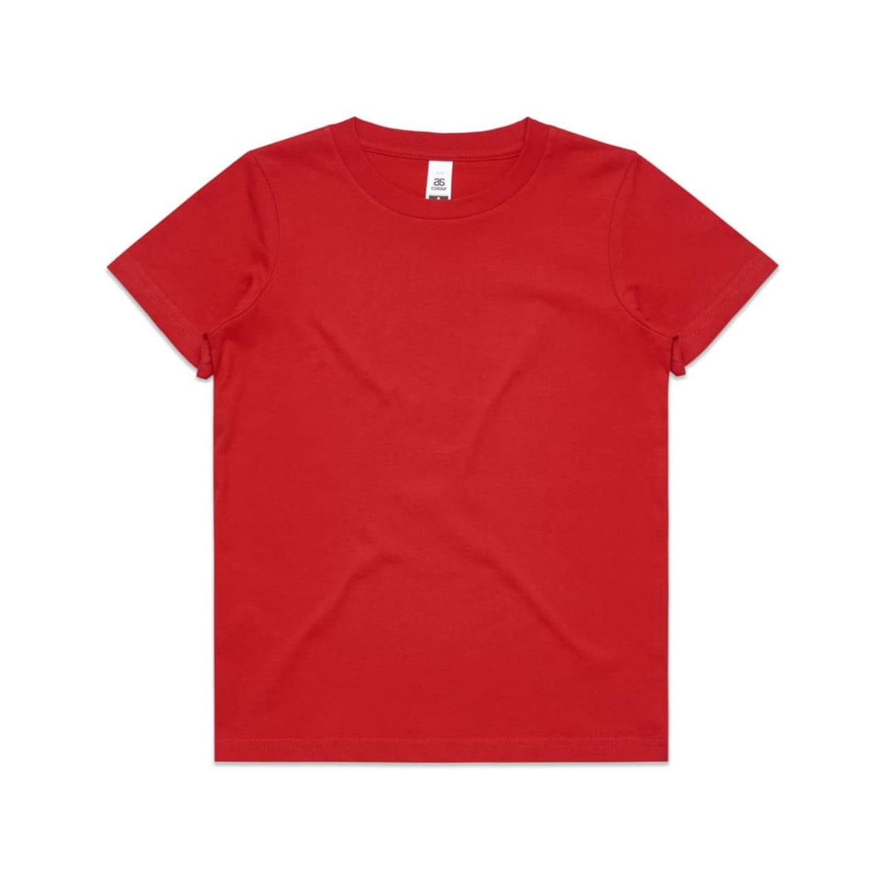 A red kids' T-shirt featuring short sleeves and a classic fit. It has a label inside and includes a branding logo.