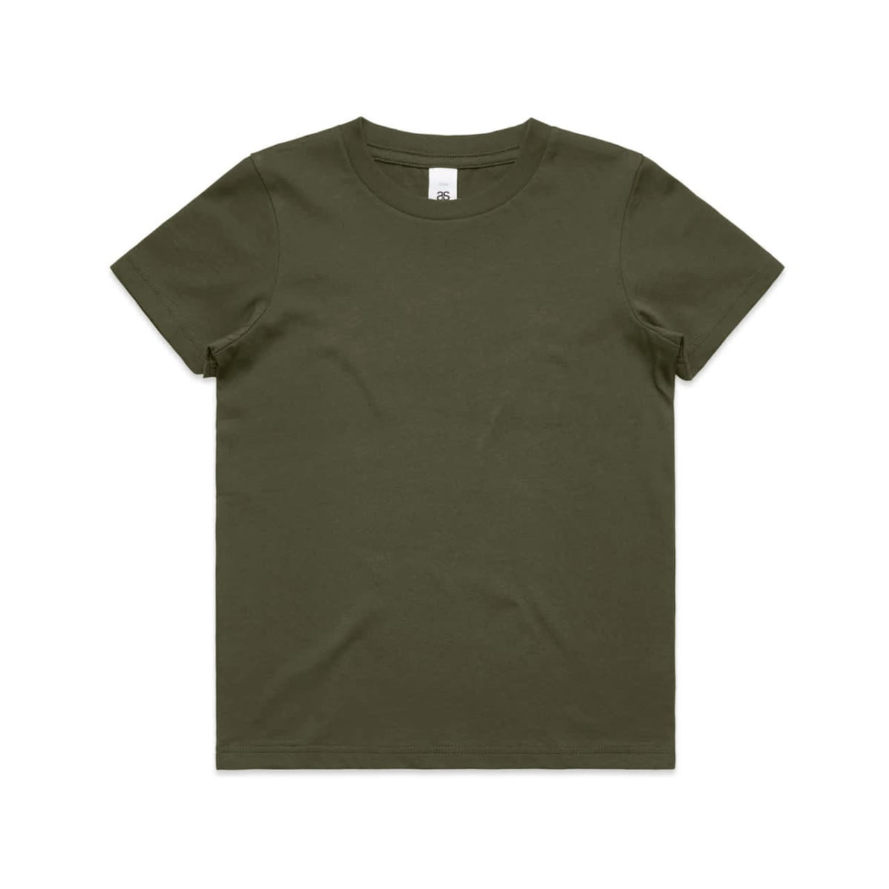 A dark olive green kids' T-shirt featuring a crew neck and short sleeves, with a branding label.