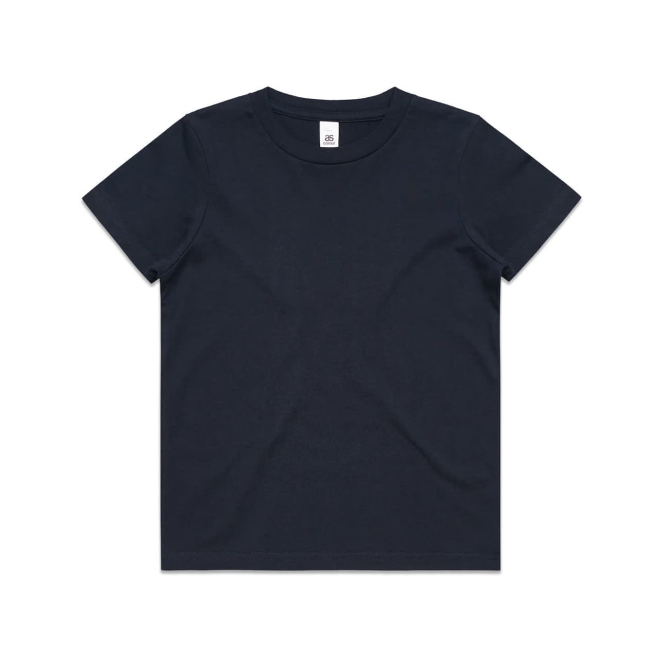 A navy blue kids' T-shirt with a round neckline and short sleeves, featuring a logo.