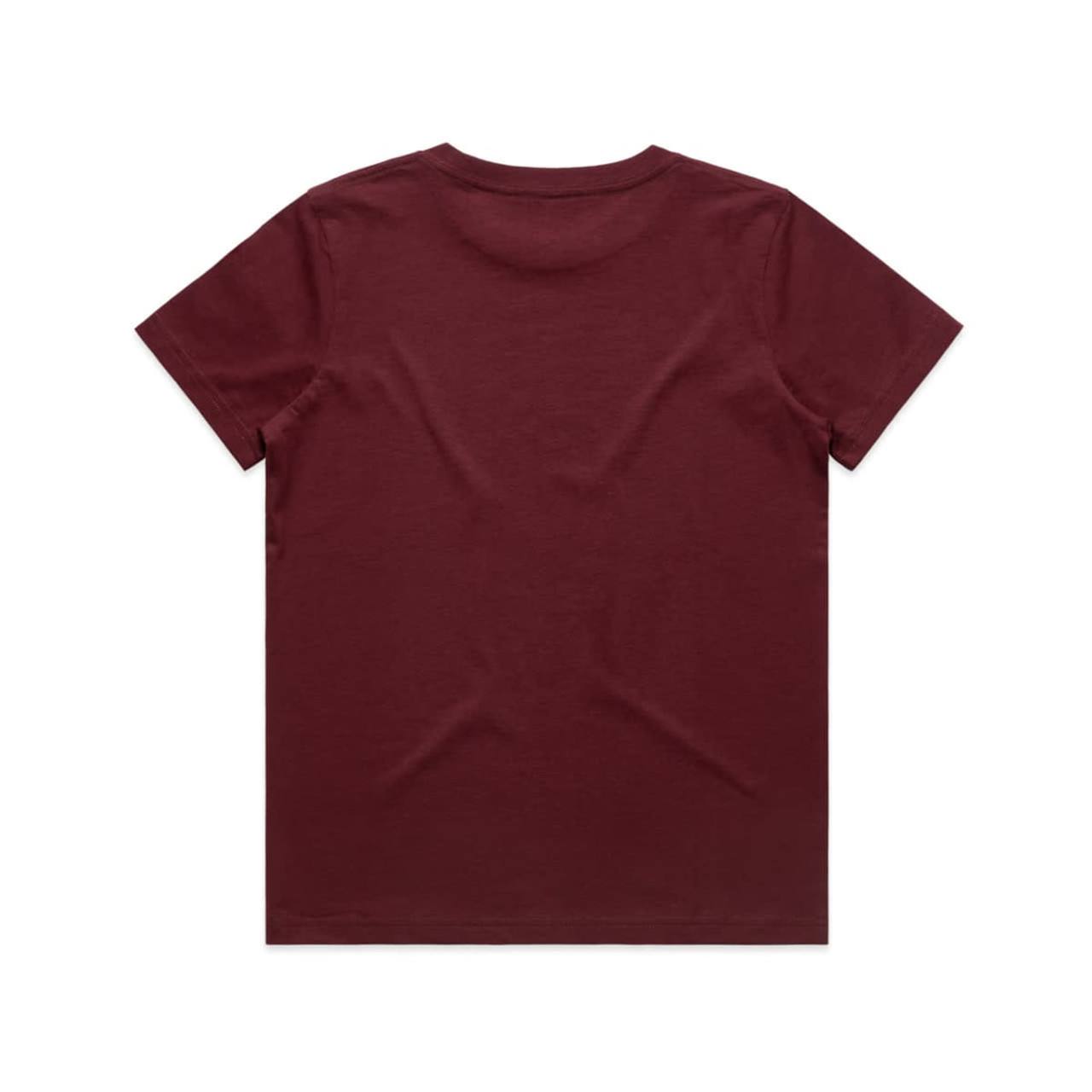 A maroon kids' T-shirt featuring a simple design and a logo on the back.