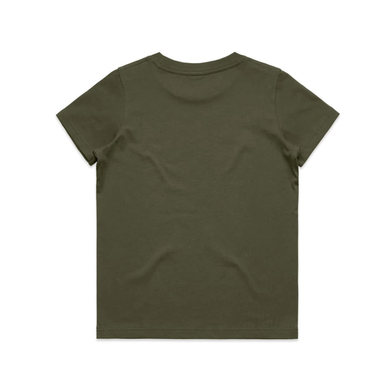 A plain olive green children's T-shirt with short sleeves and a simple design. Features a logo on the back.