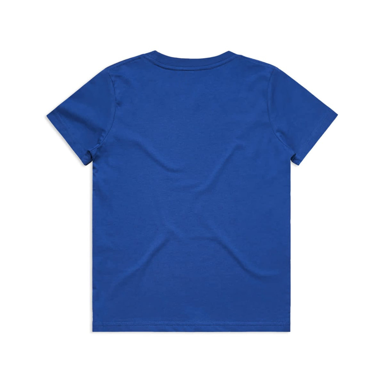 A blue youth staple tee with a plain back and short sleeves, featuring a logo.
