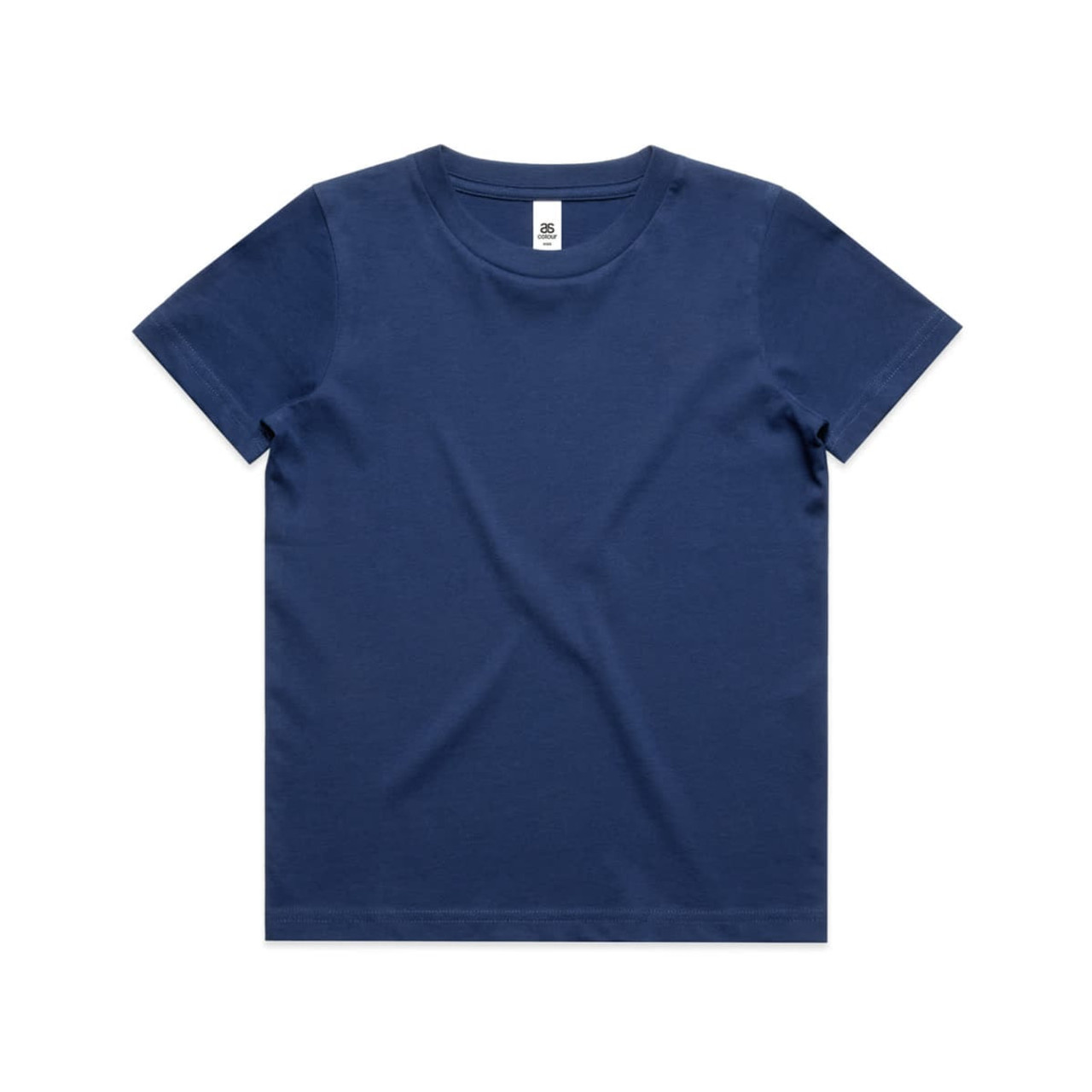 A navy blue kids' staple tee with a classic crew neck design and short sleeves. It has a label inside.