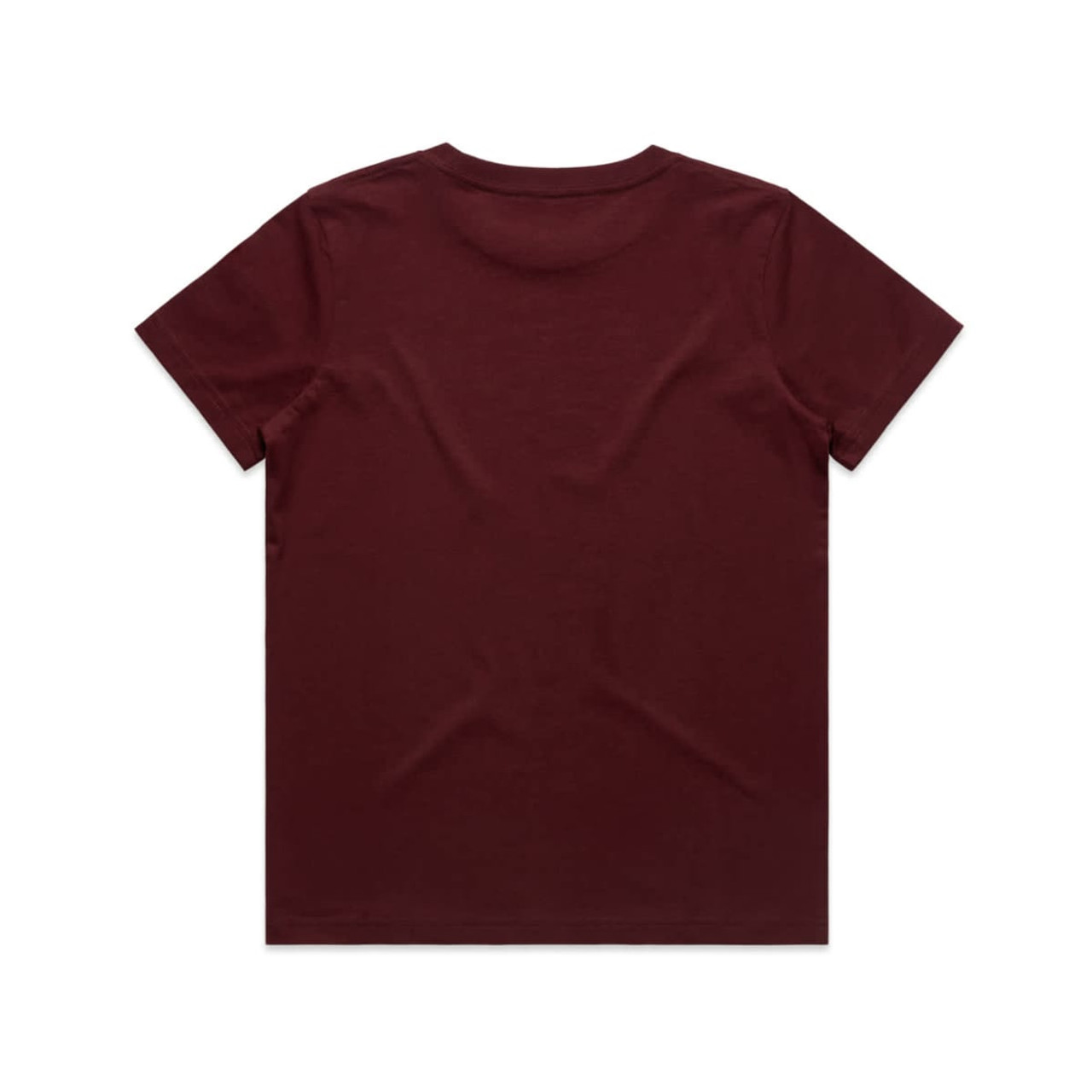 A maroon kids' T-shirt with a simple design and no visible logo, featuring a round neckline and short sleeves.