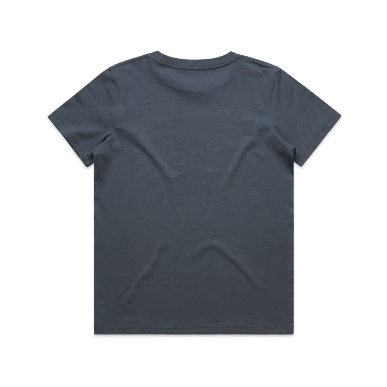 A grey kids' t-shirt with a simple design and a logo on the back.