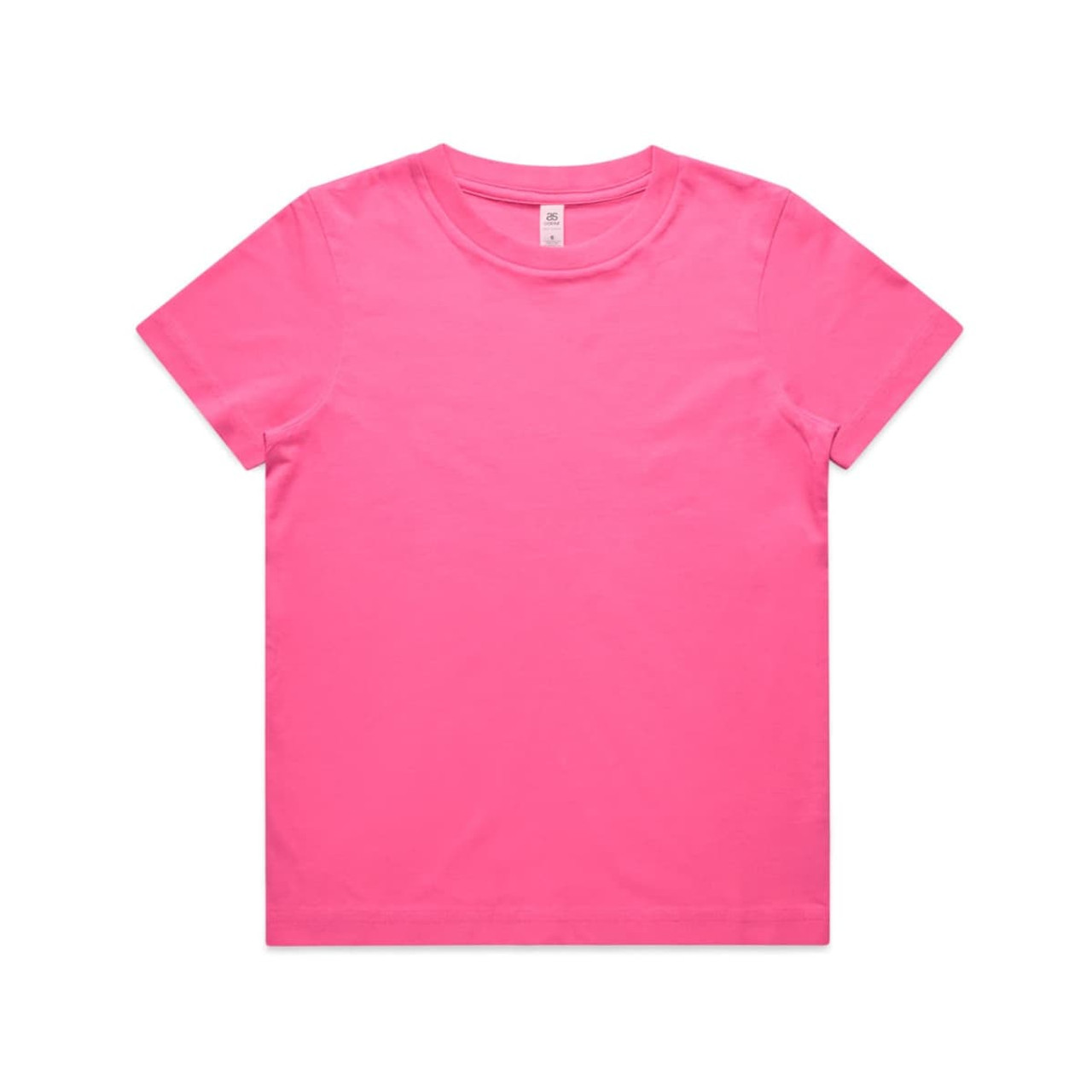 A bright pink t-shirt featuring a simple design and a logo tag on the neckline.