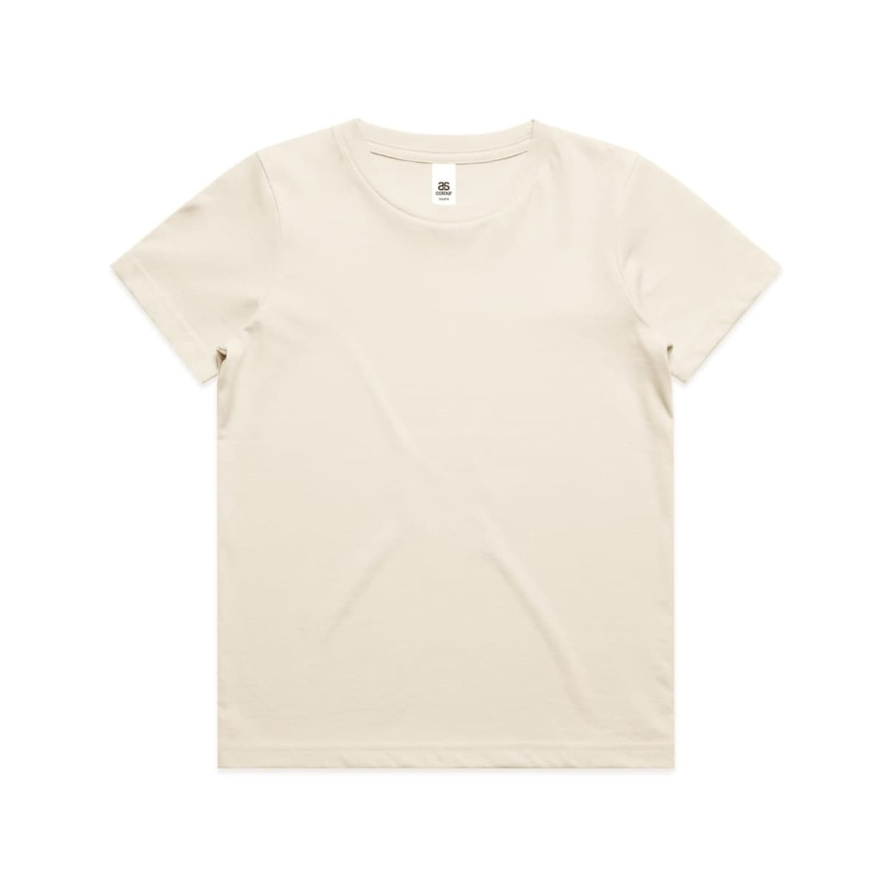 A cream-coloured youth t-shirt with a round neckline and short sleeves, featuring a logo.