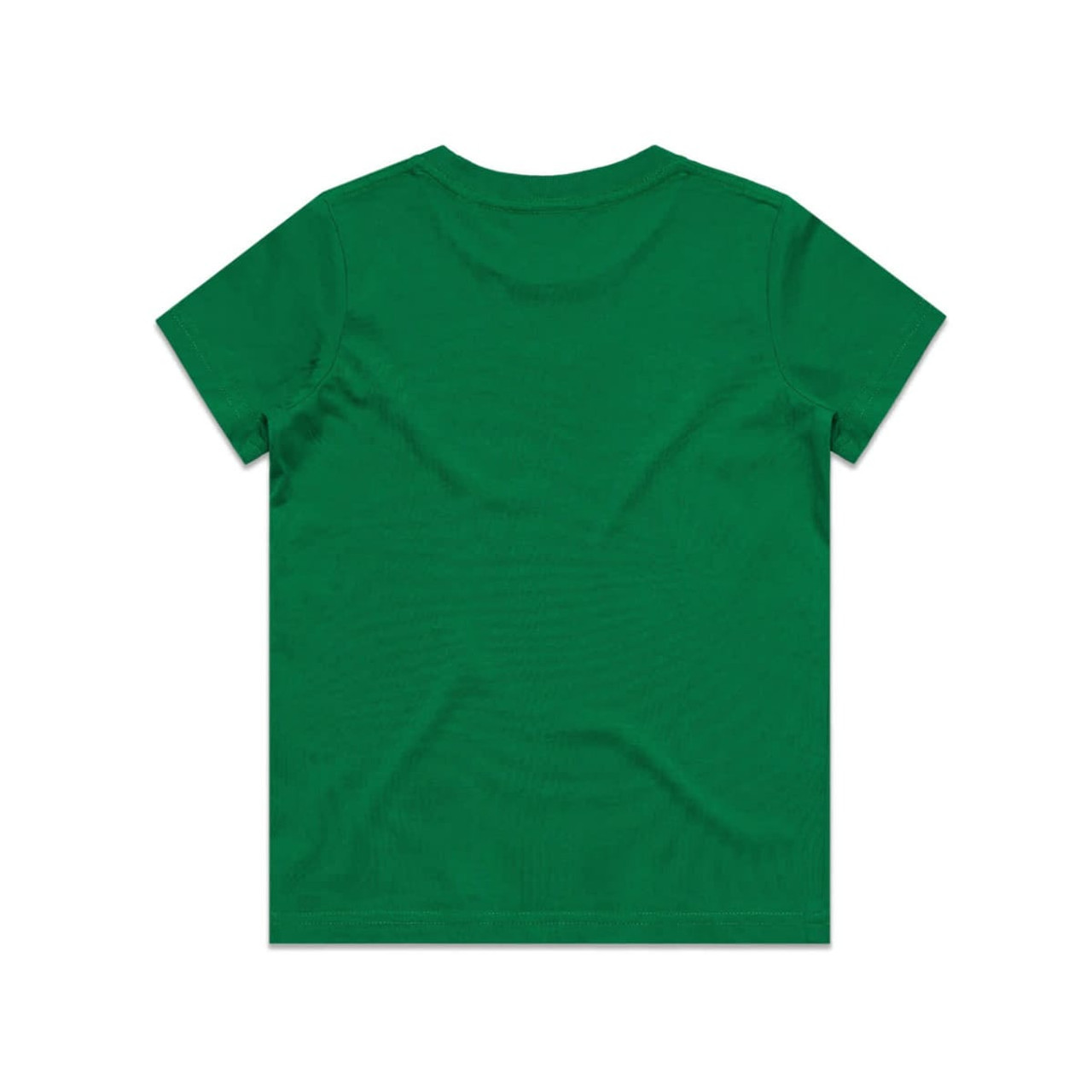 A green kids' staple tee featuring a simple design and a plain back, made from soft fabric.