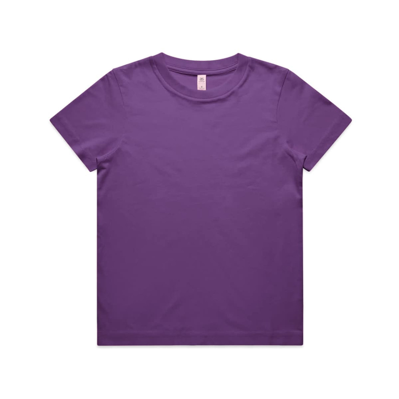 A purple youth staple tee, featuring a classic crew neck and short sleeves. The shirt has a branded label.
