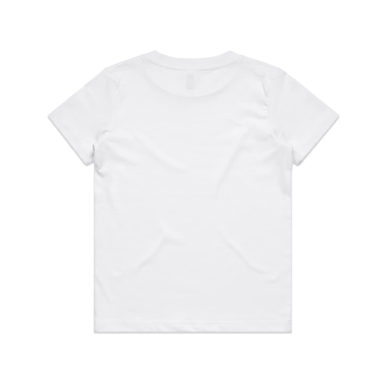 A plain white Kids Staple Tee featuring a simple design. The shirt has a logo on the back.
