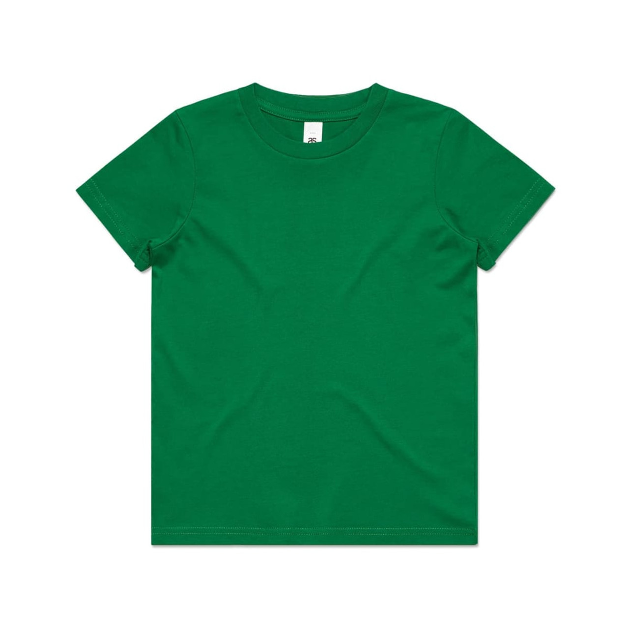 A green youth t-shirt with a round neckline and short sleeves. It features a logo on the label.