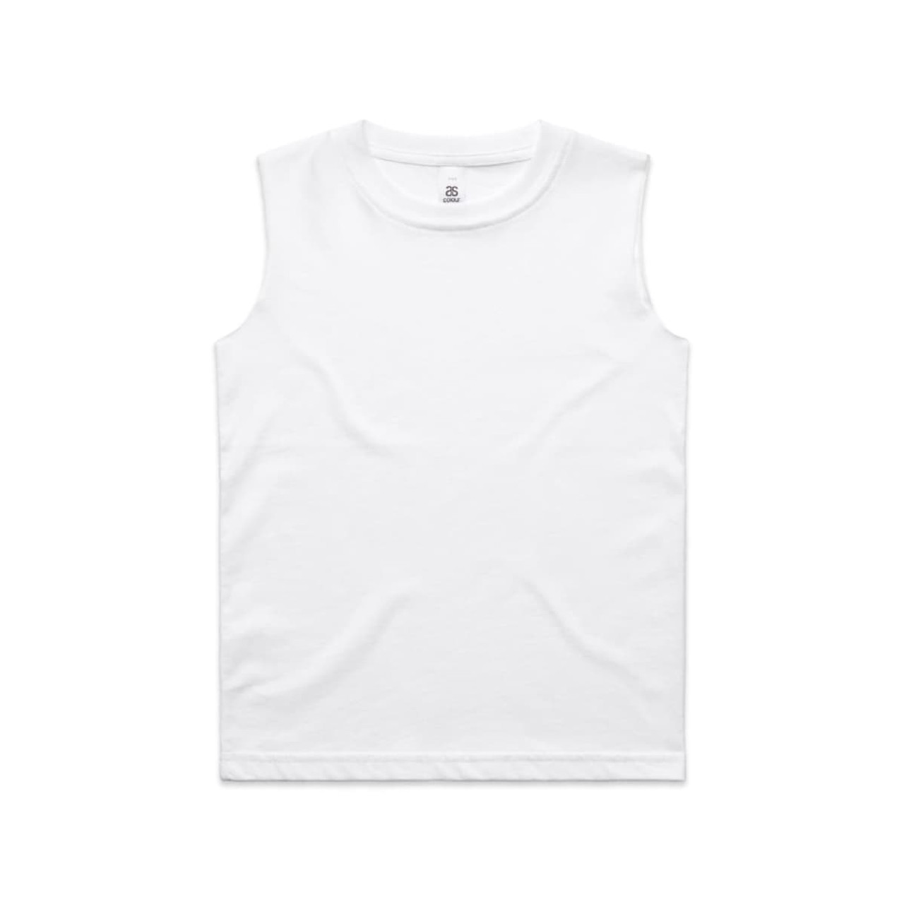 A white sleeveless tank top, featuring a simple design and branding on the label.