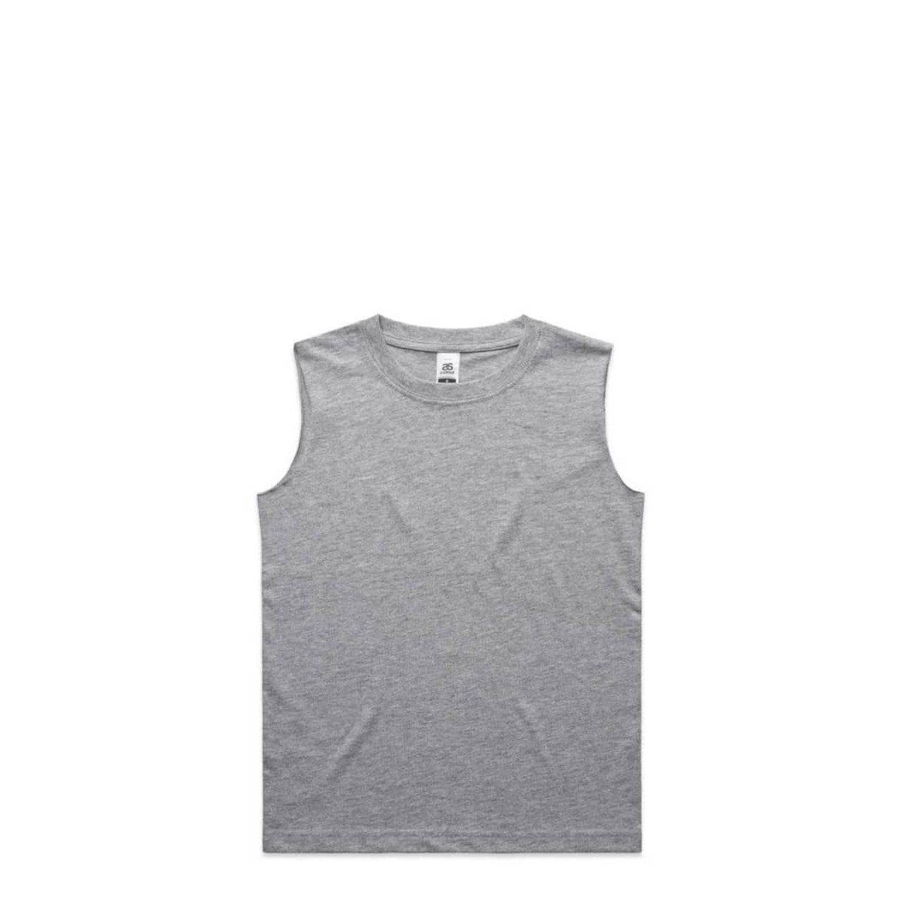 A sleeveless grey tank top featuring a logo on the label.