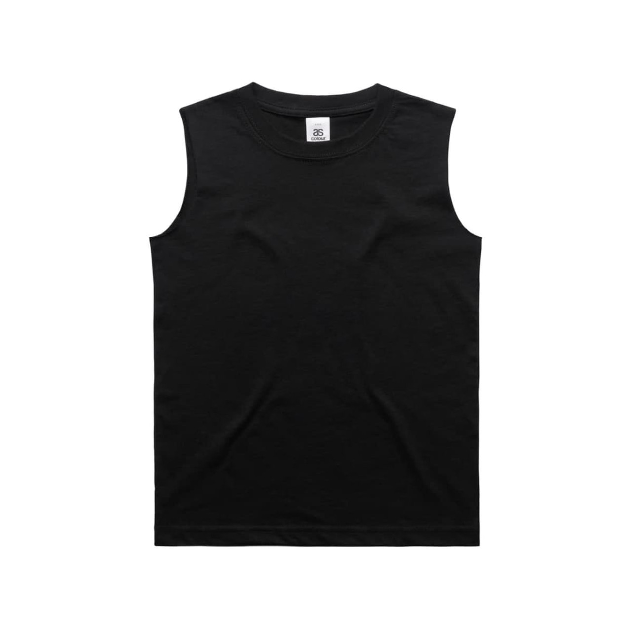 A black youth tank top with a round neckline and sleeveless design, featuring a label inside.