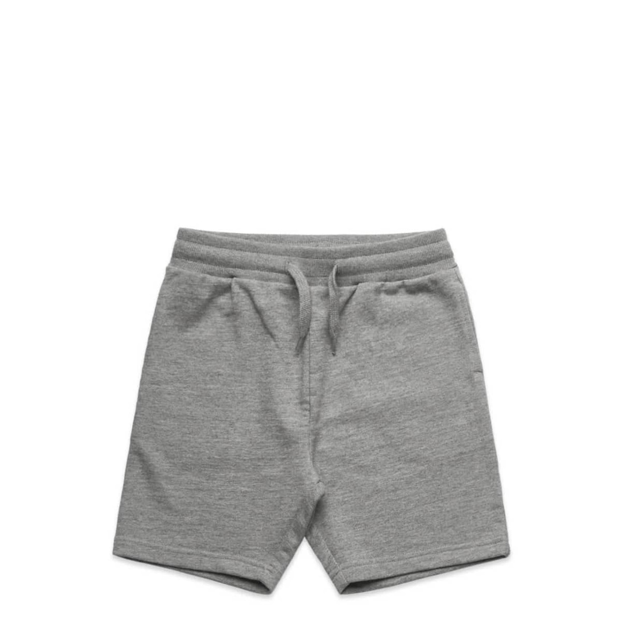 Grey sports shorts featuring an elastic waistband and drawstring, with a subtle logo on the fabric.
