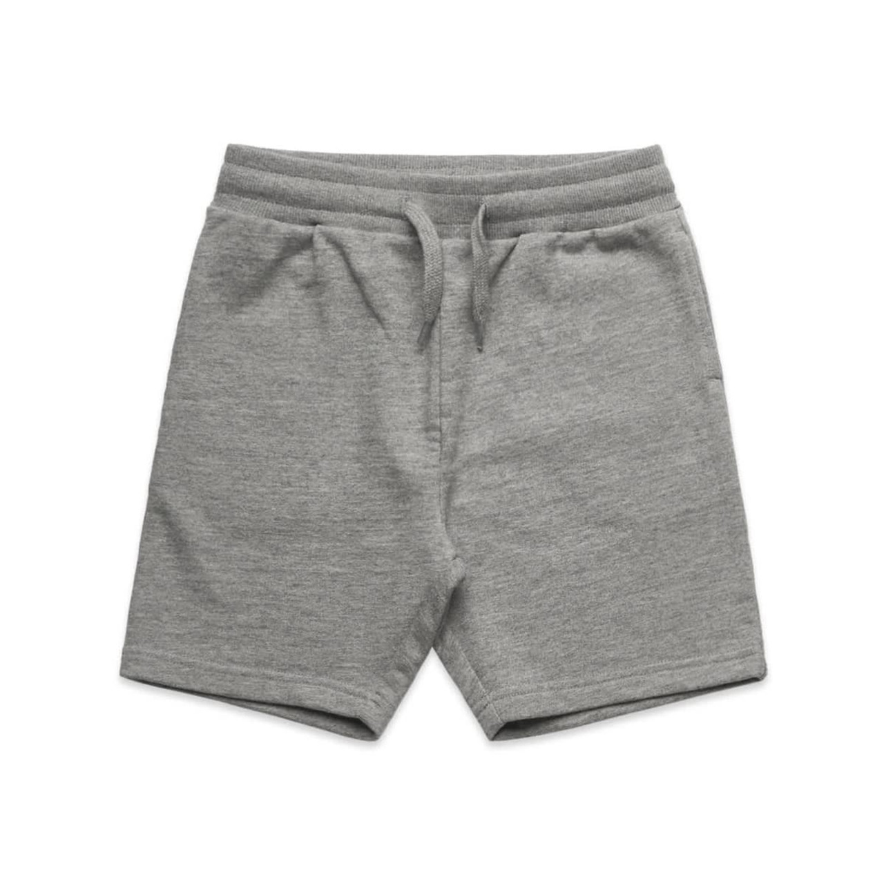Grey youth stadium shorts with an elastic waistband and drawstring. Features a logo on the front.