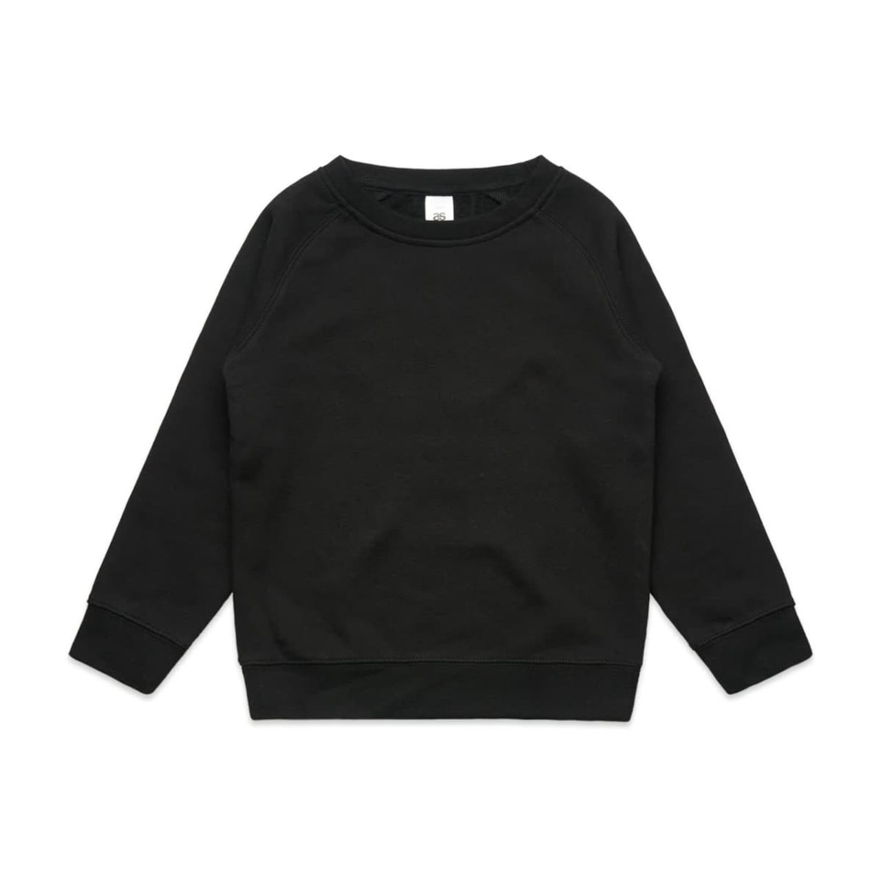 A black jumper featuring long sleeves and a crew neckline, designed for kids with a logo on the inside.