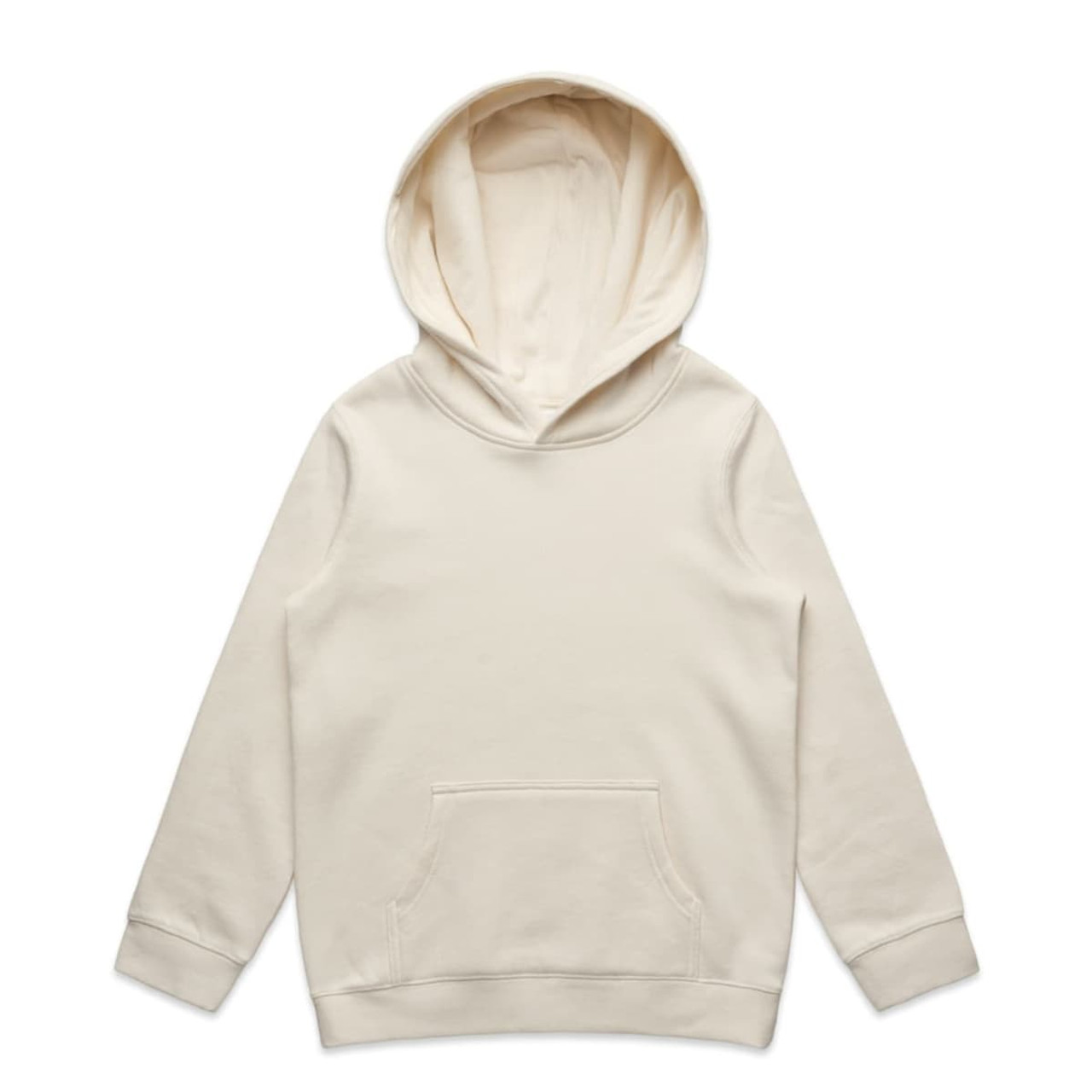 A cream-coloured hoodie featuring a spacious hood and a front pocket. It has a simple design with no visible branding.