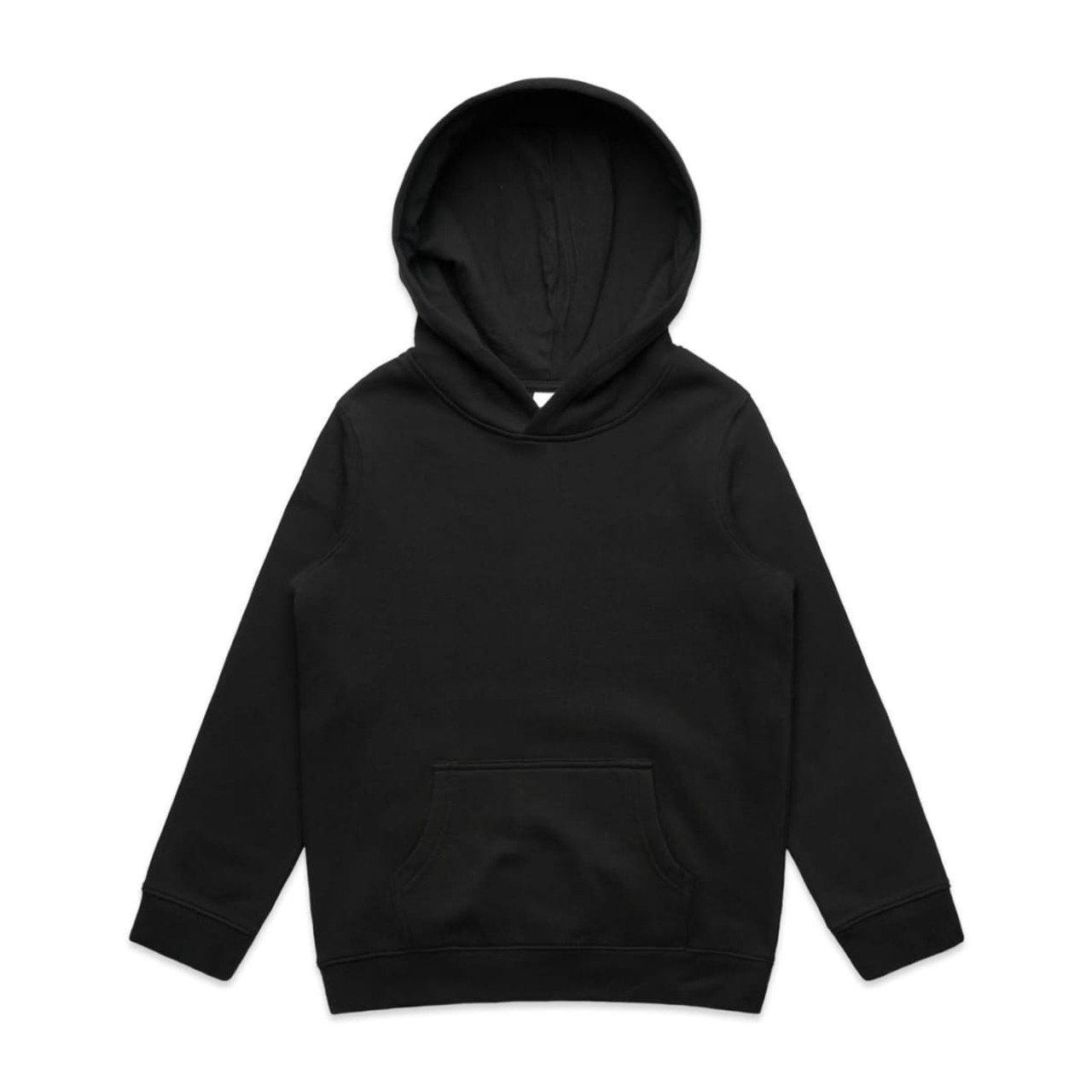 A black hoodie with a front pocket and a spacious hood. It features a plain design and has a logo.