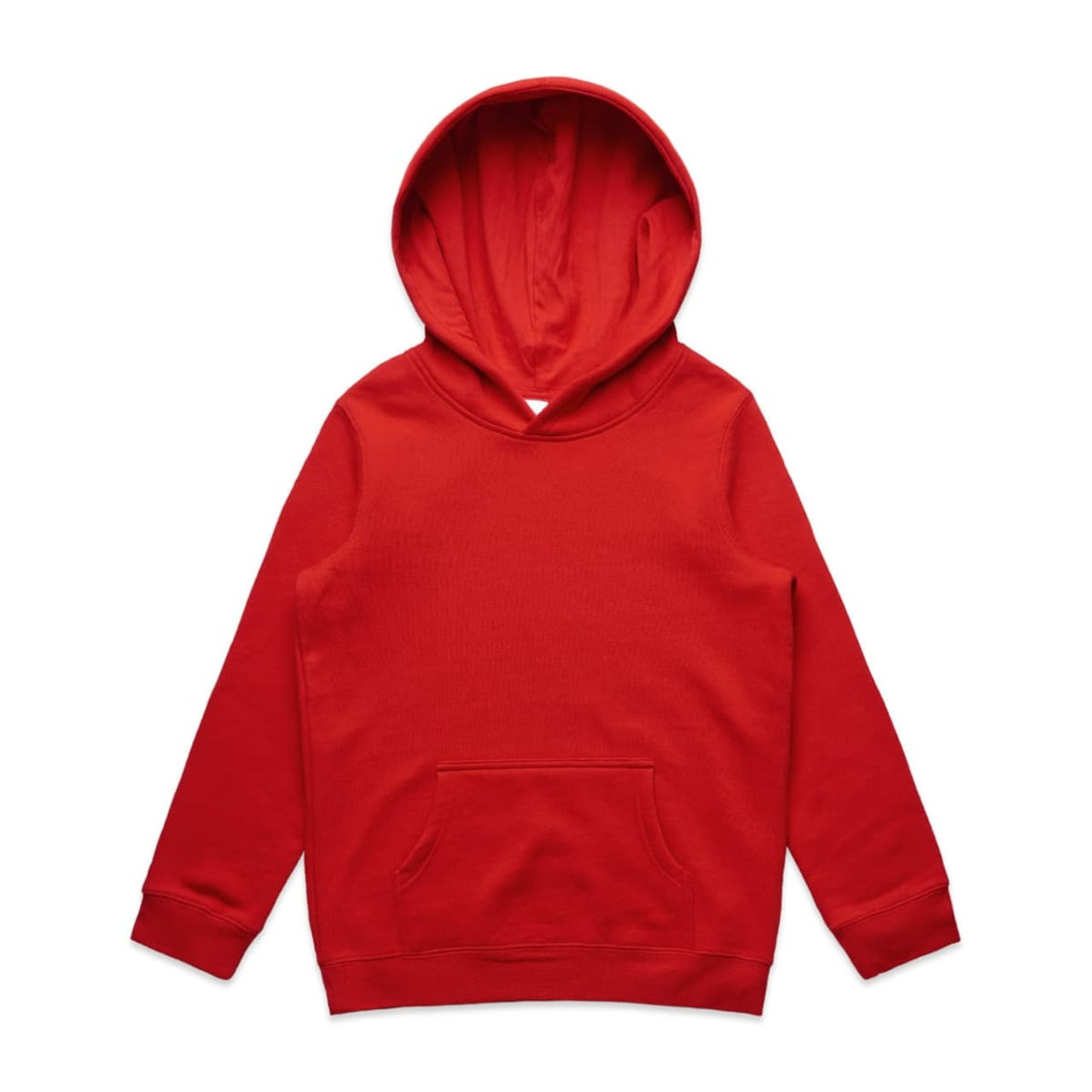 A red hoodie with a front pocket and a large hood. The item has a branding logo on it.
